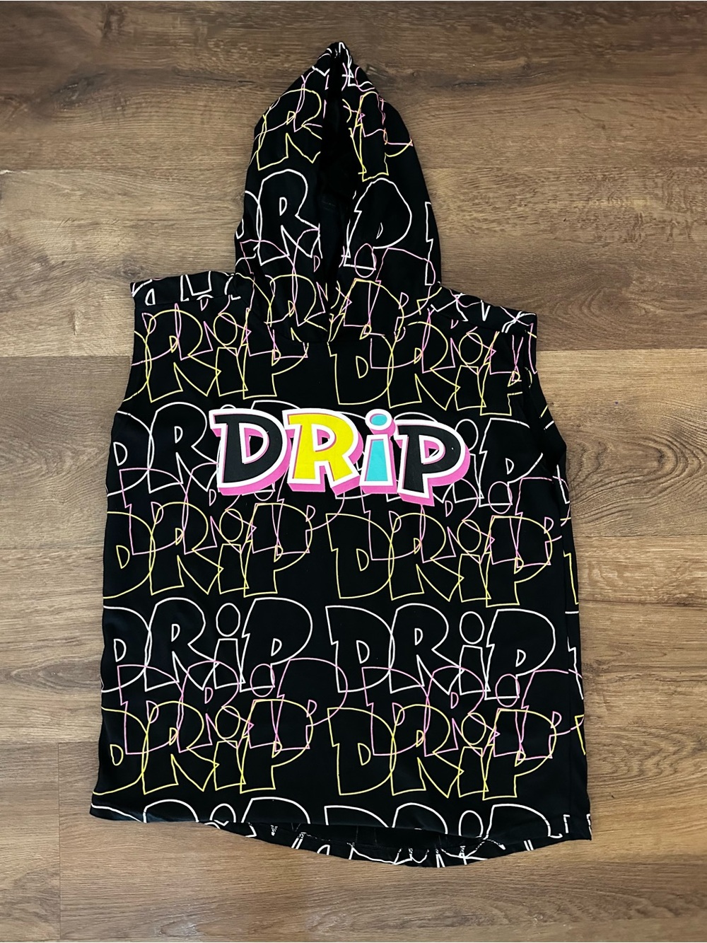 DRIP Men’s Black Hooded Sleeveless Muscle Tank Top Shirt w Multicolor Neon Logo